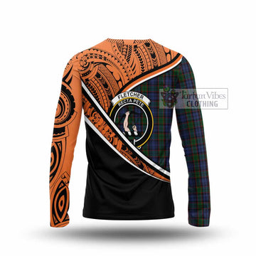 Fletcher Crest Tartan Long Sleeve T-Shirt with Polynesian Vibes Style - Orange Version