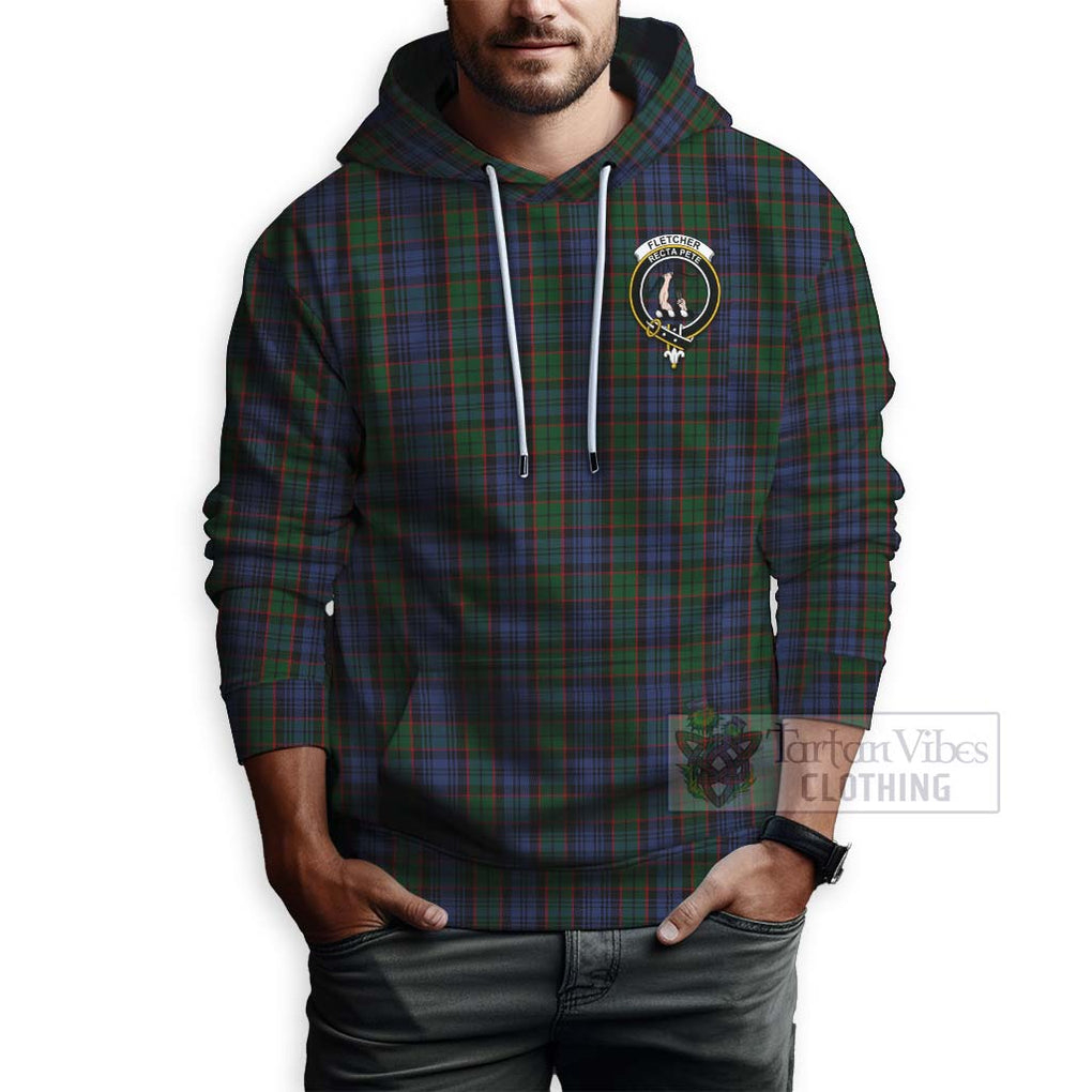 Tartan Vibes Clothing Fletcher Tartan Hoodie with Family Crest and Bearded Skull Holding Bottles of Whiskey