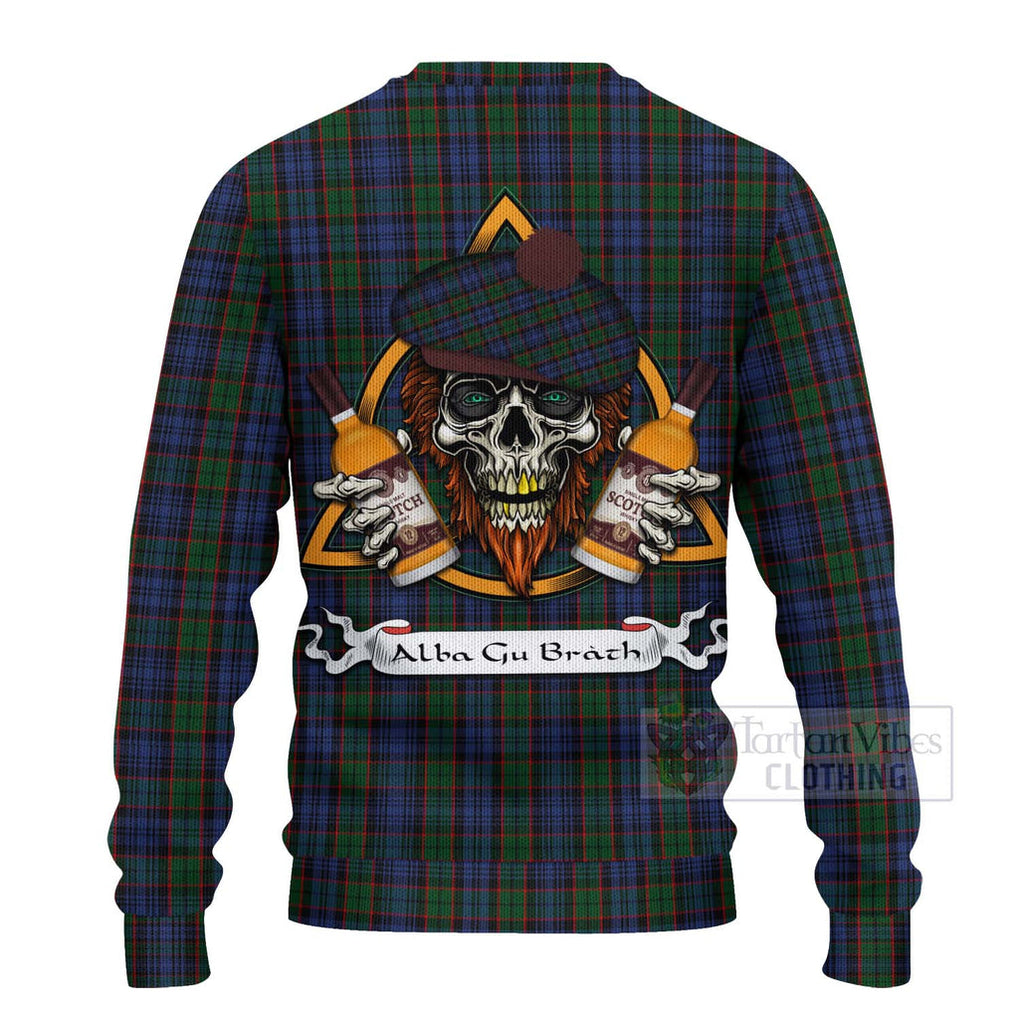 Tartan Vibes Clothing Fletcher Tartan Knitted Sweater with Family Crest and Bearded Skull Holding Bottles of Whiskey