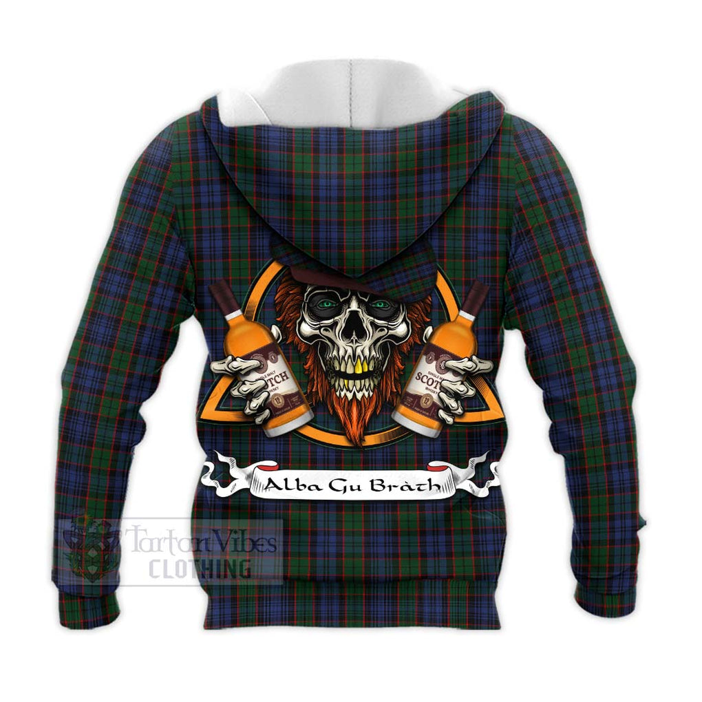 Tartan Vibes Clothing Fletcher Tartan Knitted Hoodie with Family Crest and Bearded Skull Holding Bottles of Whiskey