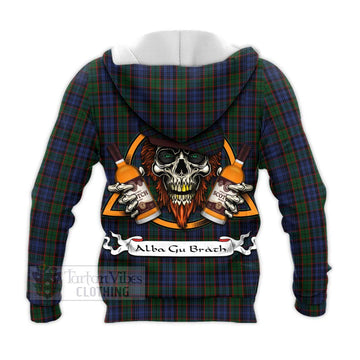 Fletcher Tartan Knitted Hoodie with Family Crest and Bearded Skull Holding Bottles of Whiskey