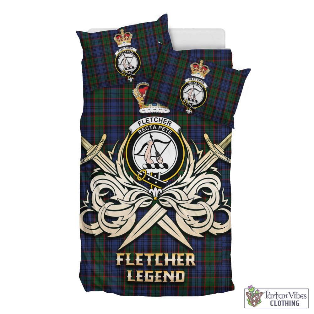 Tartan Vibes Clothing Fletcher Tartan Bedding Set with Clan Crest and the Golden Sword of Courageous Legacy