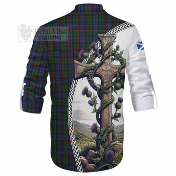 Fletcher Tartan Ghillie Kilt Shirt with Family Crest and St. Andrew's Cross Accented by Thistle Vines