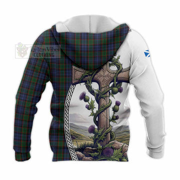 Fletcher Tartan Knitted Hoodie with Family Crest and St. Andrew's Cross Accented by Thistle Vines