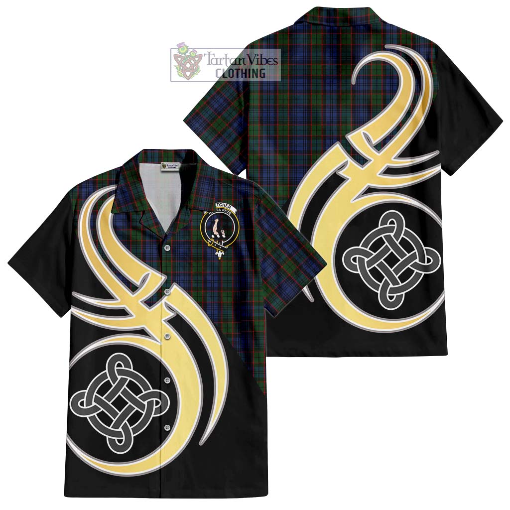 Fletcher Tartan Short Sleeve Button Shirt with Family Crest and Celtic Symbol Style - Tartan Vibes Clothing