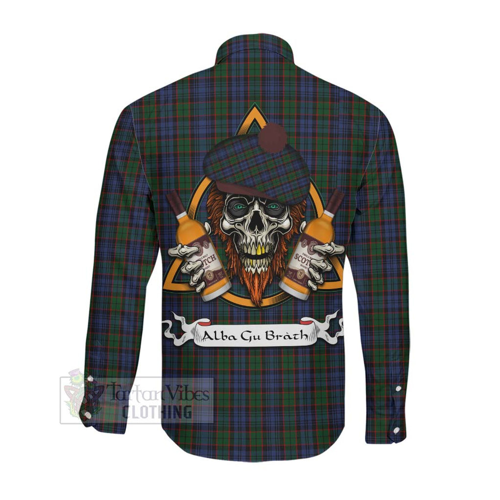 Tartan Vibes Clothing Fletcher Tartan Long Sleeve Button Shirt with Family Crest and Bearded Skull Holding Bottles of Whiskey