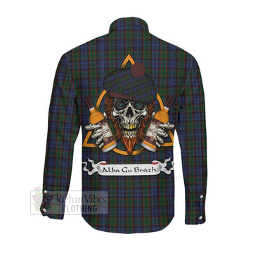 Fletcher Tartan Long Sleeve Button Shirt with Family Crest and Bearded Skull Holding Bottles of Whiskey