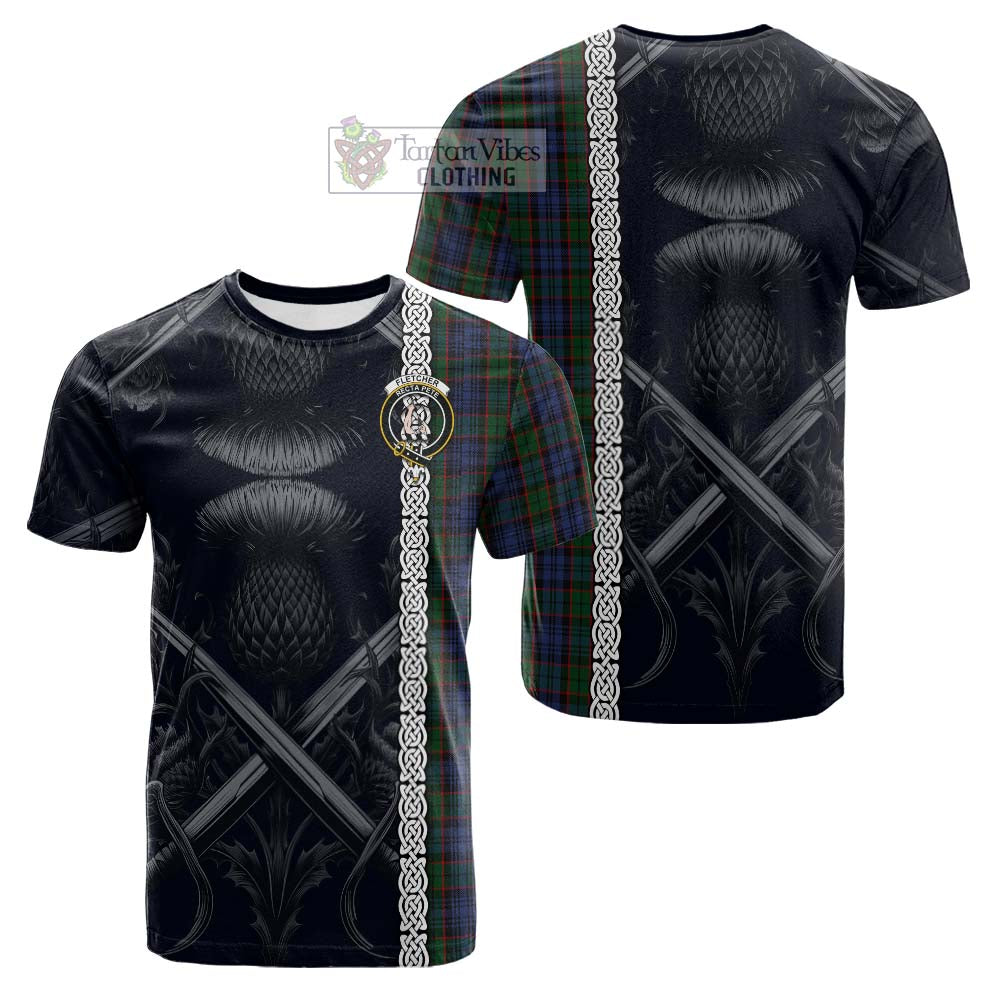 Tartan Vibes Clothing Fletcher Tartan Cotton T-shirt with Family Crest Cross Sword Thistle Celtic Vibes