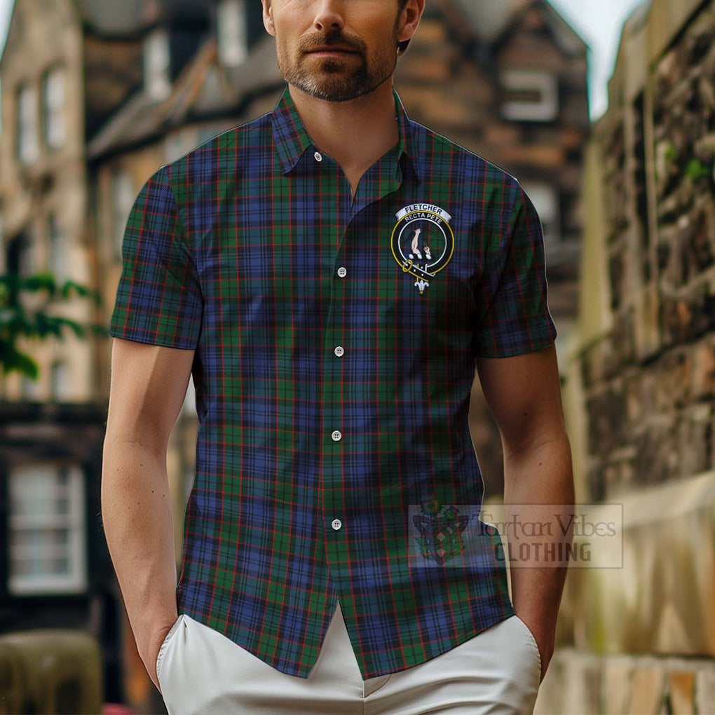 Tartan Vibes Clothing Fletcher Tartan Short Sleeve Button Shirt with Family Crest and Bearded Skull Holding Bottles of Whiskey