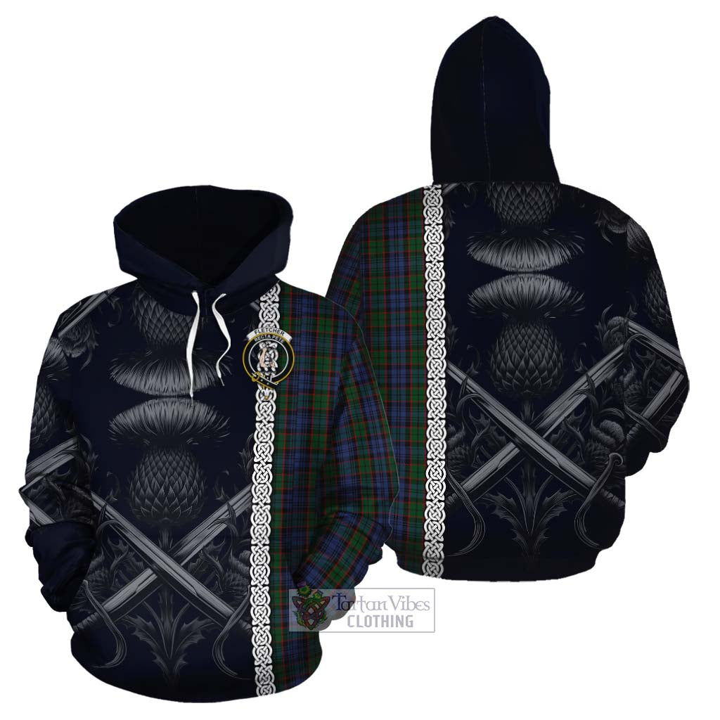 Tartan Vibes Clothing Fletcher Tartan Cotton Hoodie with Family Crest Cross Sword Thistle Celtic Vibes