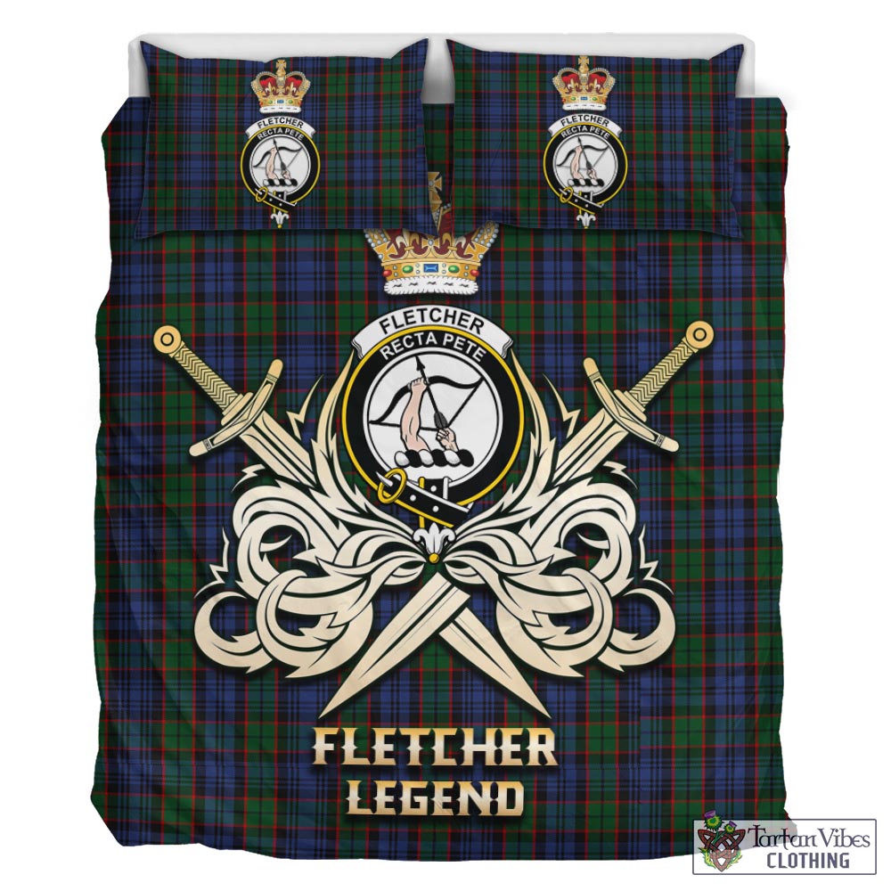 Tartan Vibes Clothing Fletcher Tartan Bedding Set with Clan Crest and the Golden Sword of Courageous Legacy