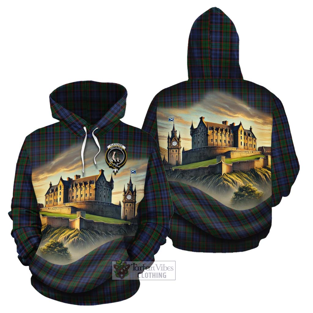 Fletcher Tartan Family Crest Cotton Hoodie with Scottish Ancient Castle Style - Tartan Vibes Clothing