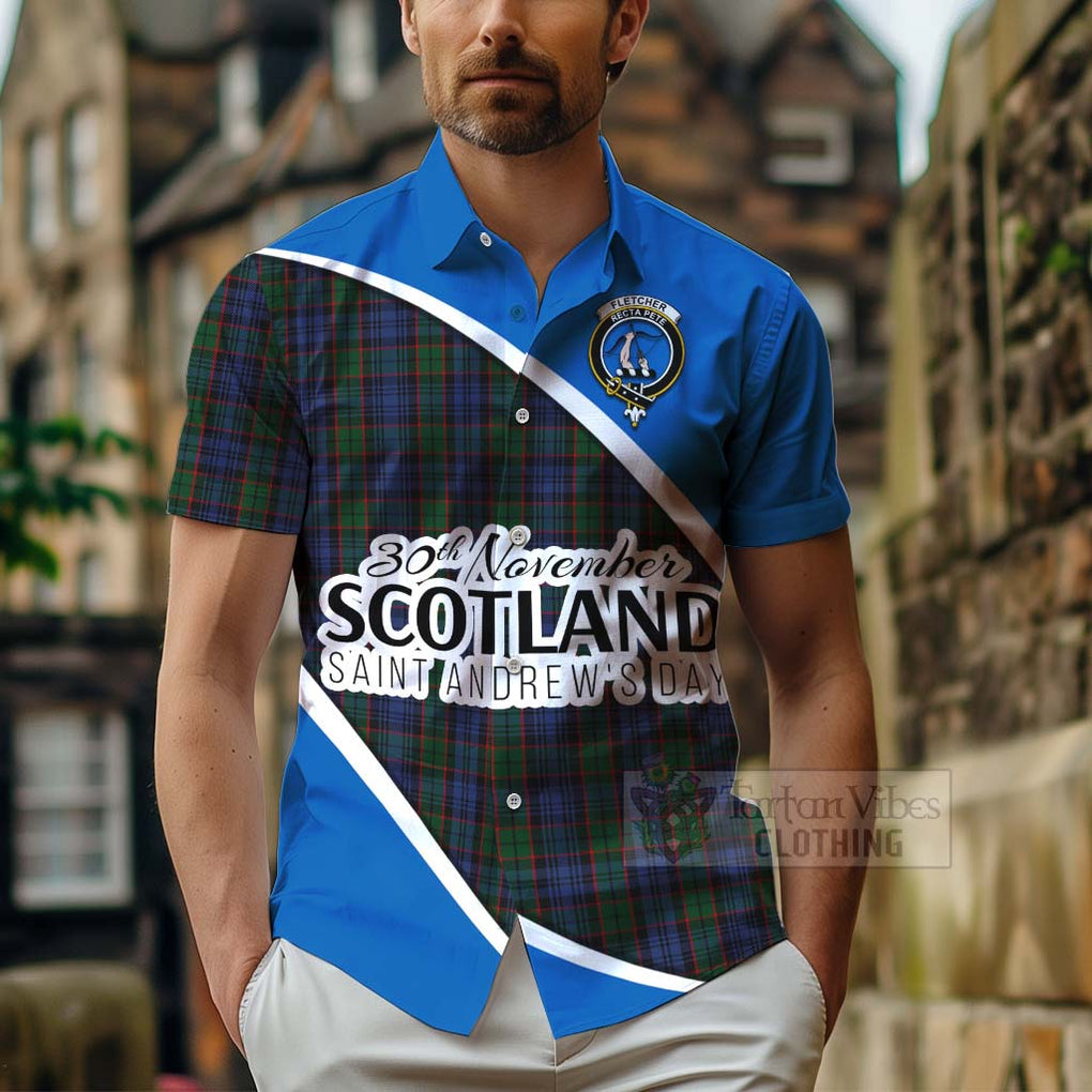 Tartan Vibes Clothing Fletcher Family Crest Tartan Short Sleeve Button Shirt Celebrate Saint Andrew's Day in Style