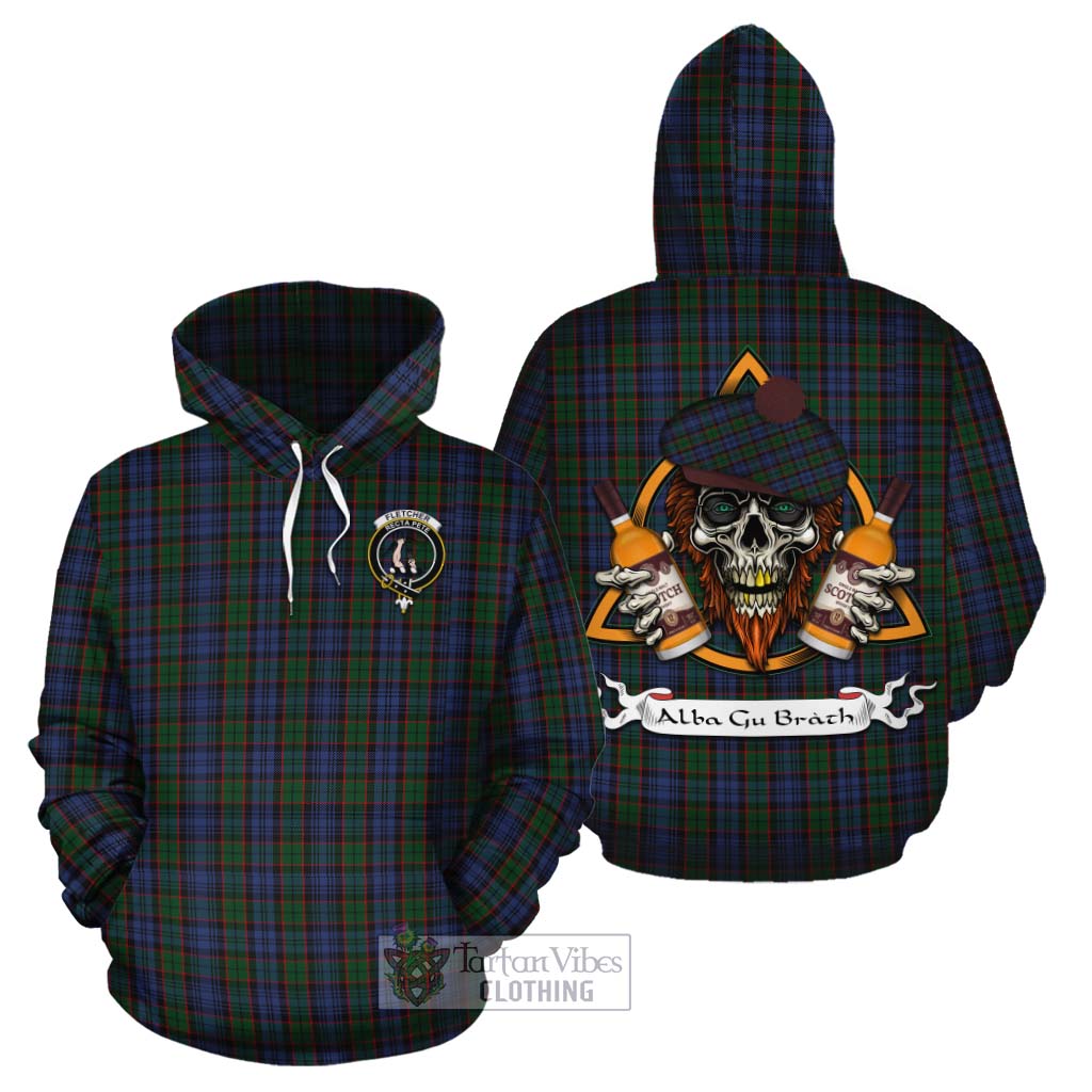 Tartan Vibes Clothing Fletcher Tartan Cotton Hoodie with Family Crest and Bearded Skull Holding Bottles of Whiskey