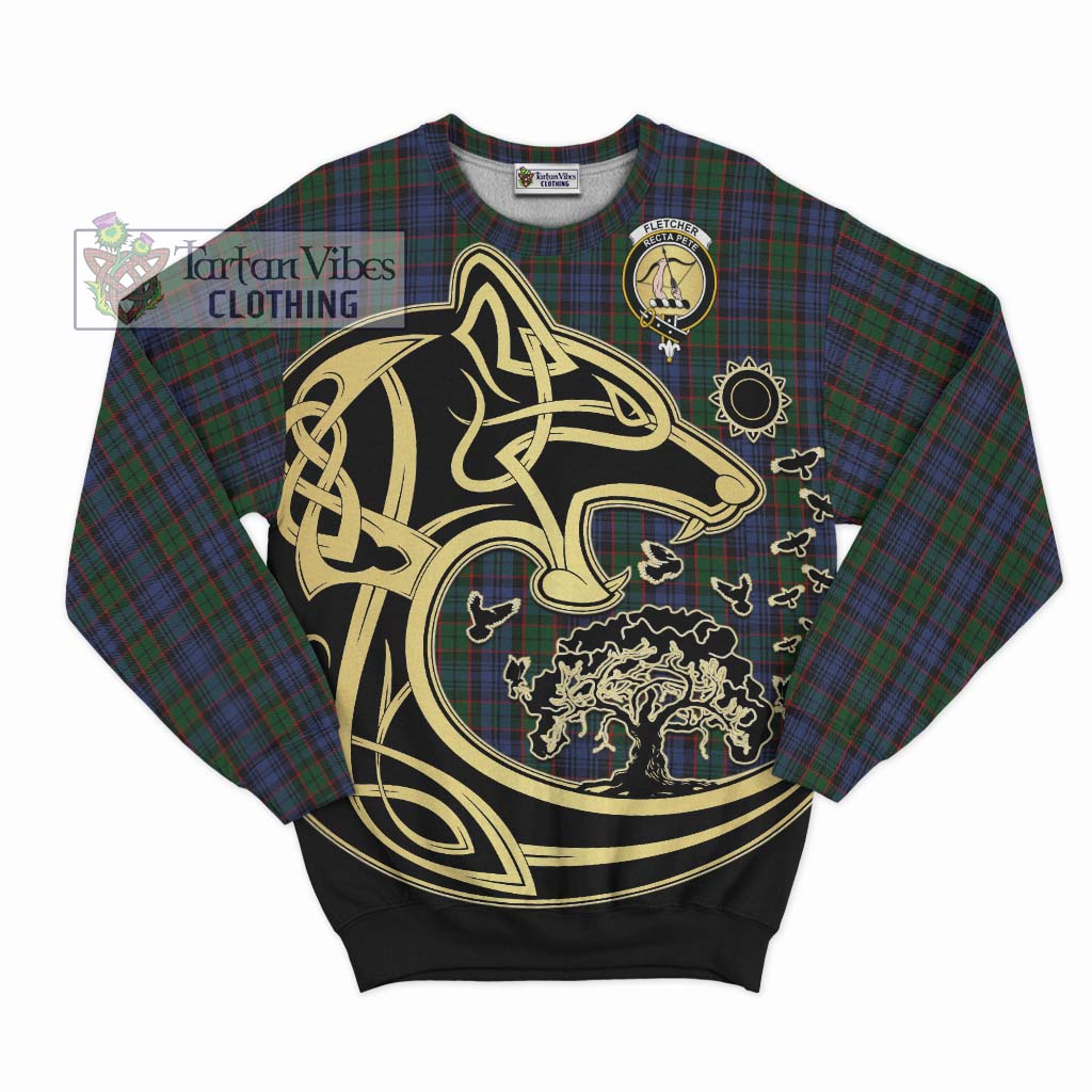 Tartan Vibes Clothing Fletcher Tartan Sweatshirt with Family Crest Celtic Wolf Style