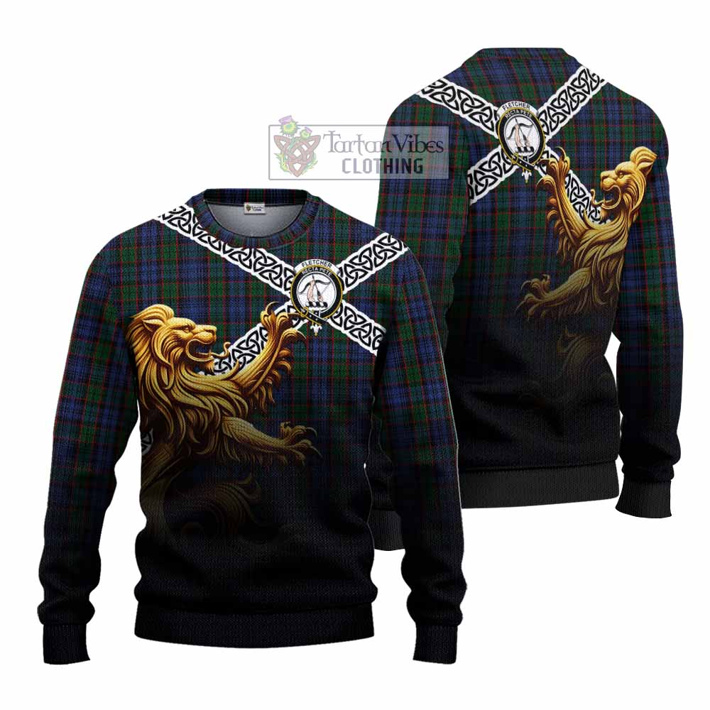 Fletcher Crest Tartan Knitted Sweater with Golden Lion Emblem Celtic Style - Tartan Vibes Clothing