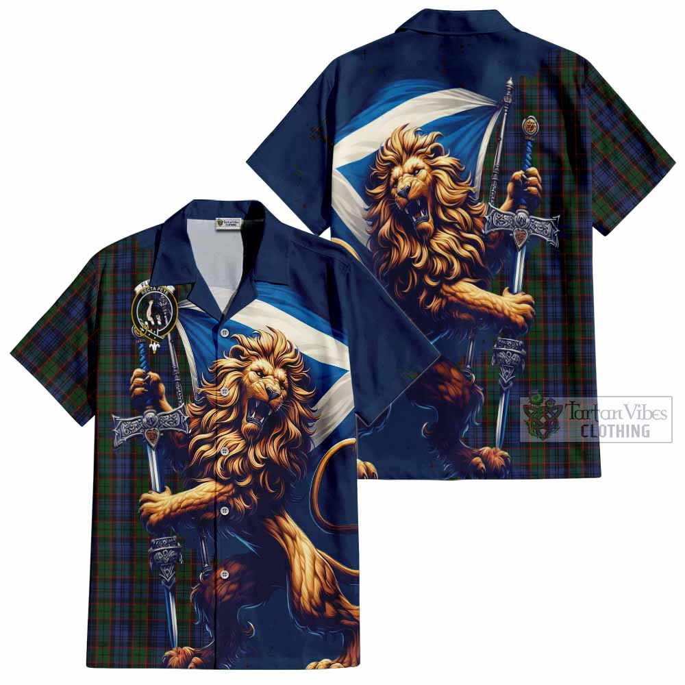 Tartan Vibes Clothing Fletcher Tartan Family Crest Short Sleeve Button Shirt with Scottish Majestic Lion