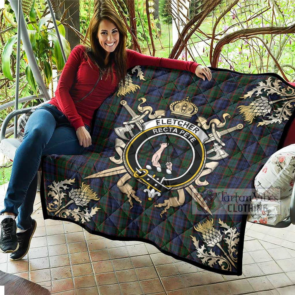 Tartan Vibes Clothing Fletcher Tartan Quilt with Family Crest and Scottish Golden Courage Shield