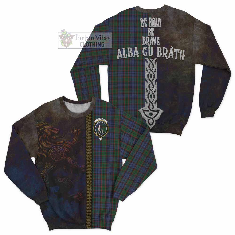 Fletcher Tartan Family Crest Sweatshirt Alba Gu Brath Be Brave Lion Ancient Style - Tartan Vibes Clothing