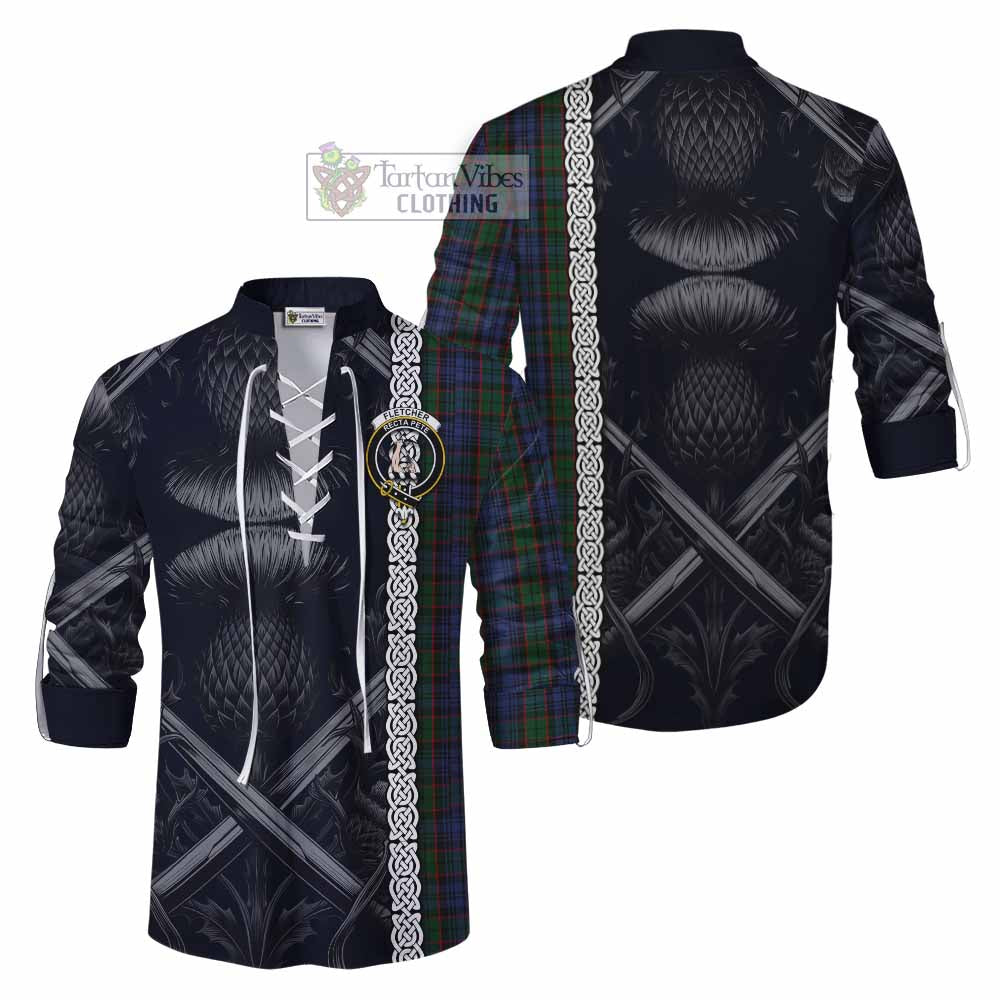 Tartan Vibes Clothing Fletcher Tartan Ghillie Kilt Shirt with Family Crest Cross Sword Thistle Celtic Vibes