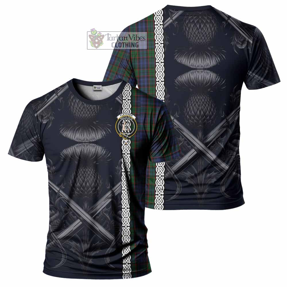 Tartan Vibes Clothing Fletcher Tartan T-Shirt with Family Crest Cross Sword Thistle Celtic Vibes