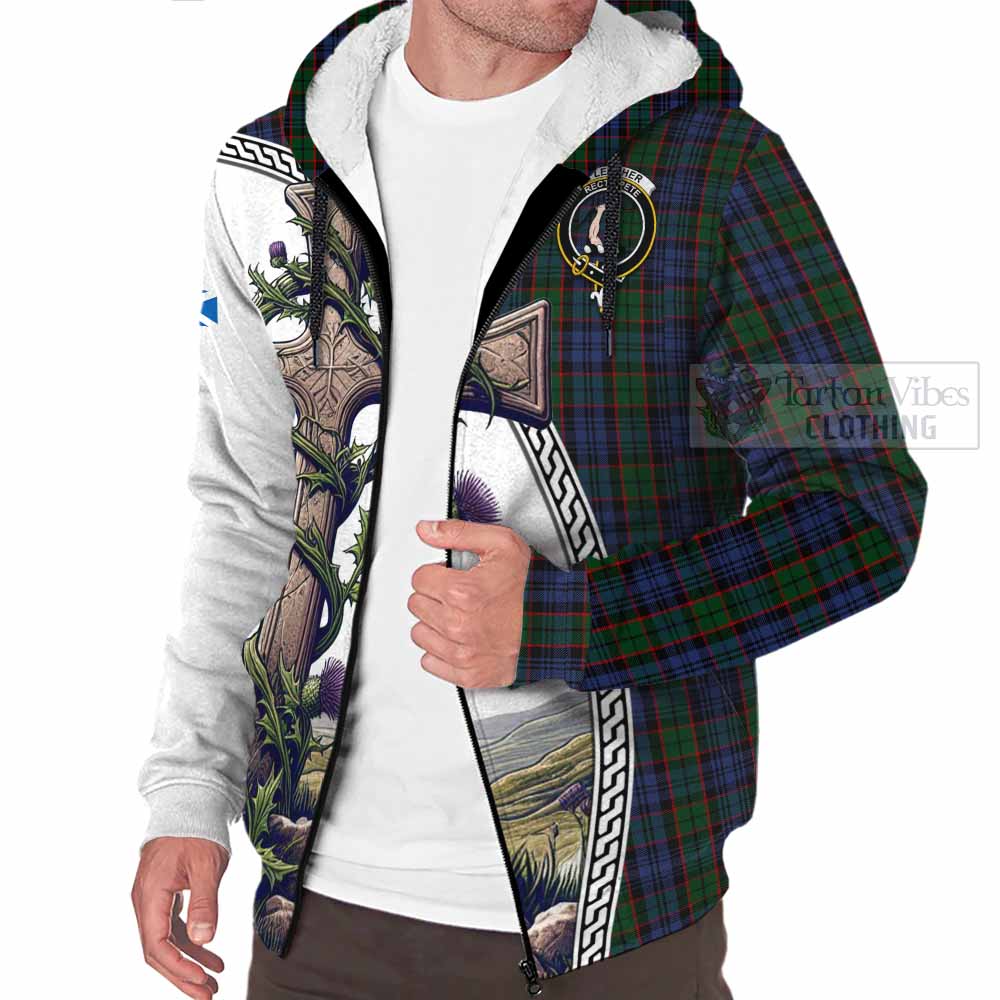 Tartan Vibes Clothing Fletcher Tartan Sherpa Hoodie with Family Crest and St. Andrew's Cross Accented by Thistle Vines