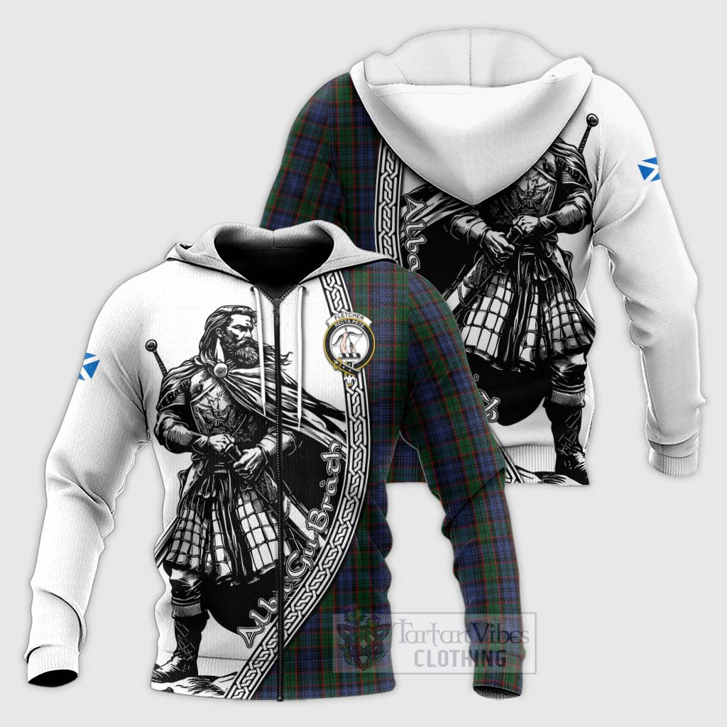 Tartan Vibes Clothing Fletcher Tartan Clan Crest Knitted Hoodie with Highlander Warrior Celtic Style