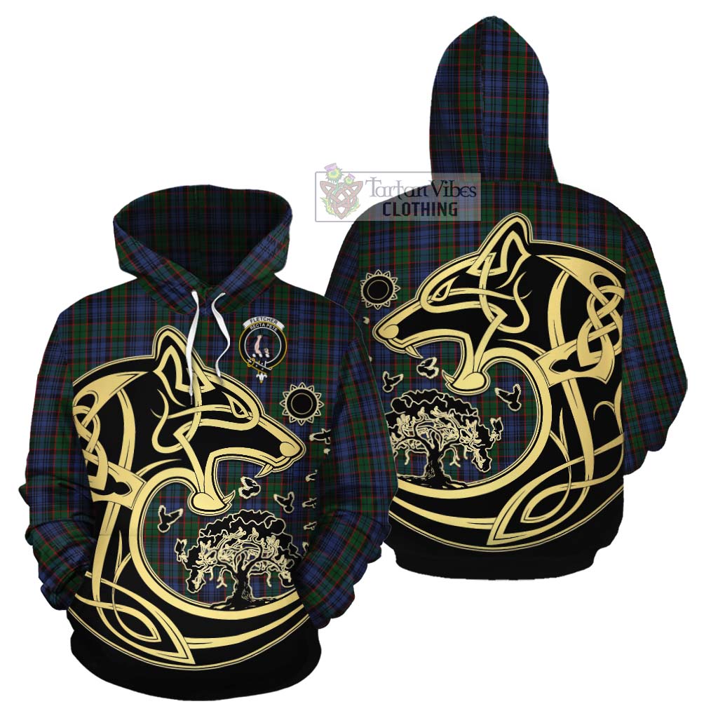 Tartan Vibes Clothing Fletcher Tartan Cotton Hoodie with Family Crest Celtic Wolf Style