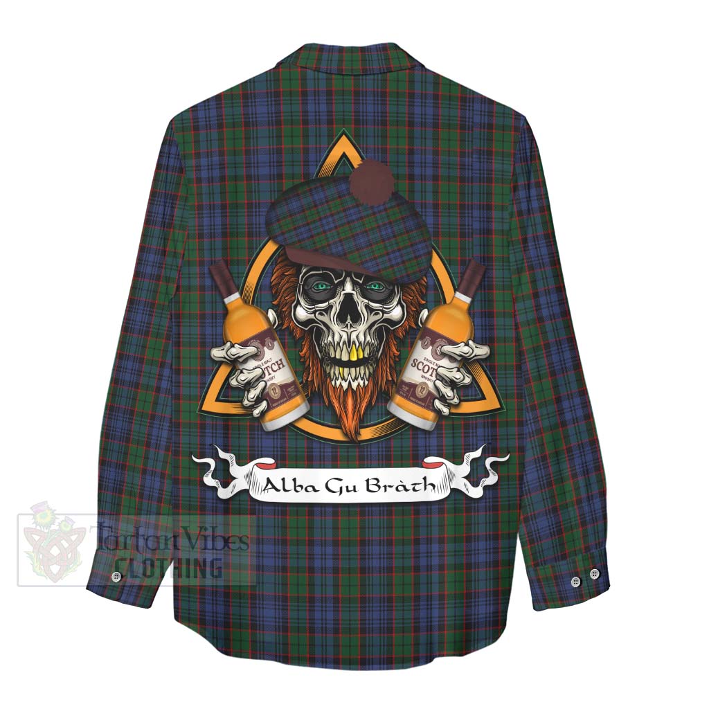 Tartan Vibes Clothing Fletcher Tartan Women's Casual Shirt with Family Crest and Bearded Skull Holding Bottles of Whiskey