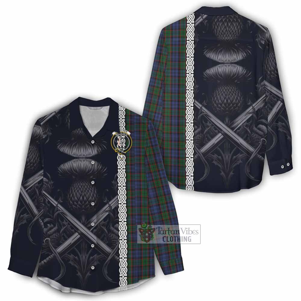 Tartan Vibes Clothing Fletcher Tartan Women's Casual Shirt with Family Crest Cross Sword Thistle Celtic Vibes