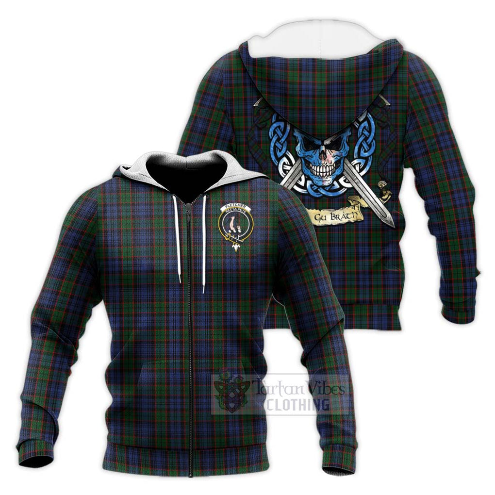 Tartan Vibes Clothing Fletcher Tartan Knitted Hoodie with Family Crest Celtic Skull Style