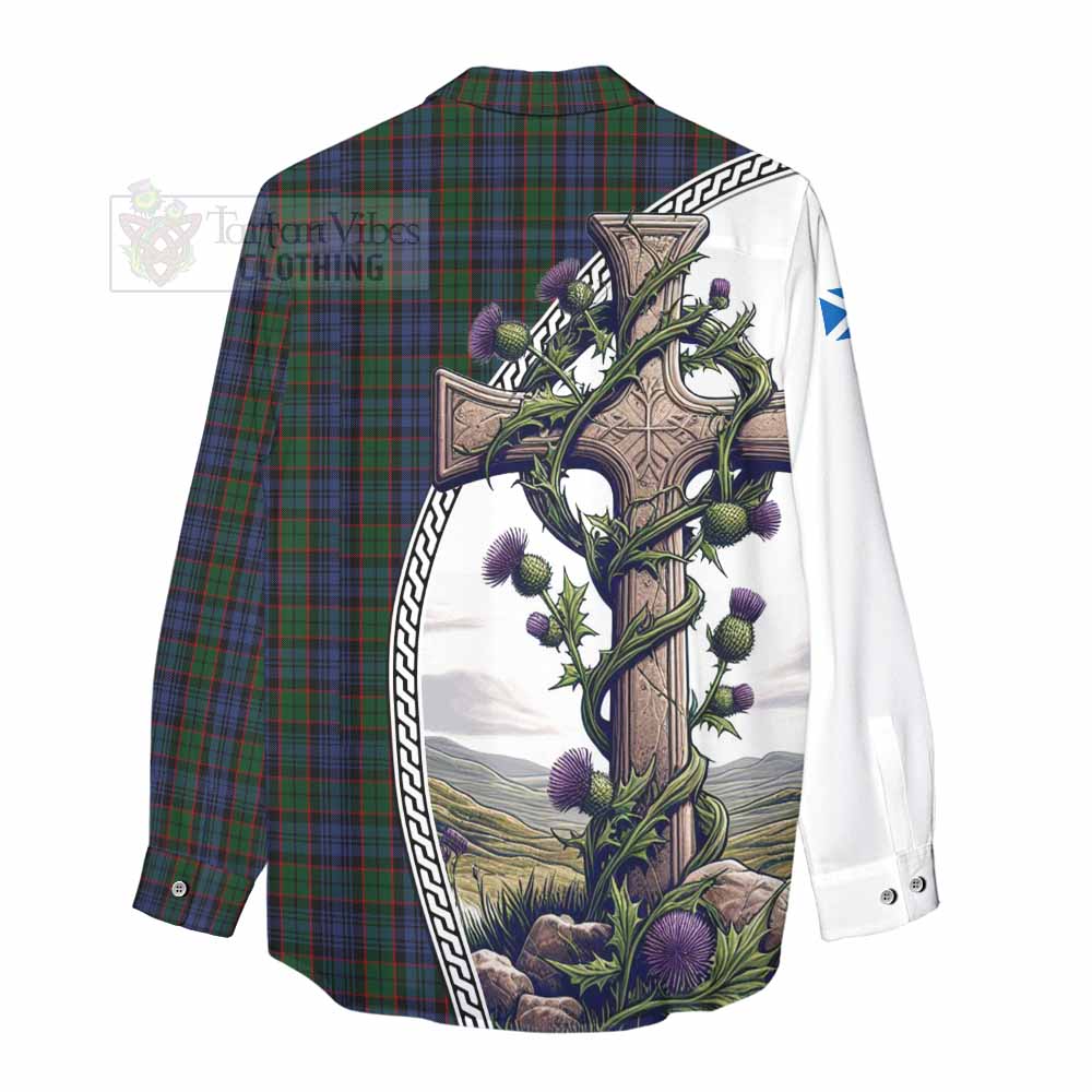 Tartan Vibes Clothing Fletcher Tartan Women's Casual Shirt with Family Crest and St. Andrew's Cross Accented by Thistle Vines