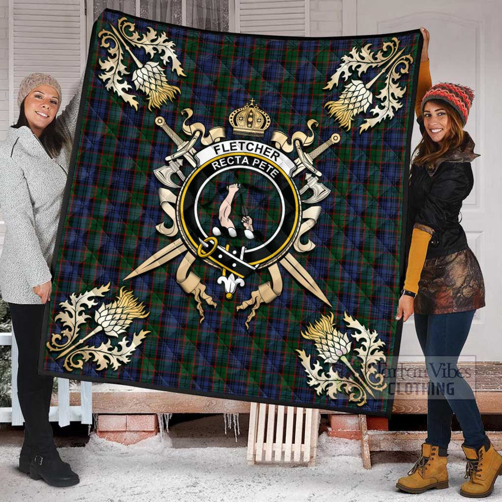 Tartan Vibes Clothing Fletcher Tartan Quilt with Family Crest and Scottish Golden Courage Shield