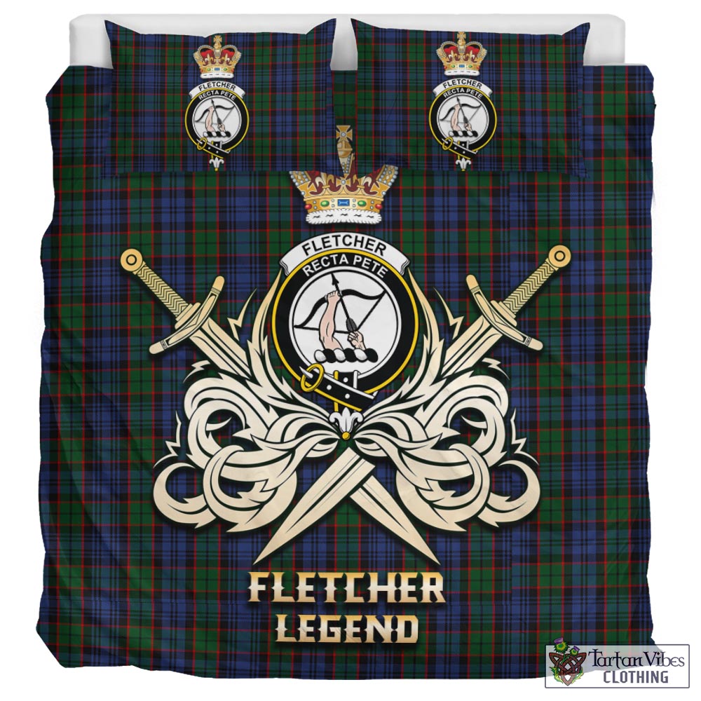 Tartan Vibes Clothing Fletcher Tartan Bedding Set with Clan Crest and the Golden Sword of Courageous Legacy