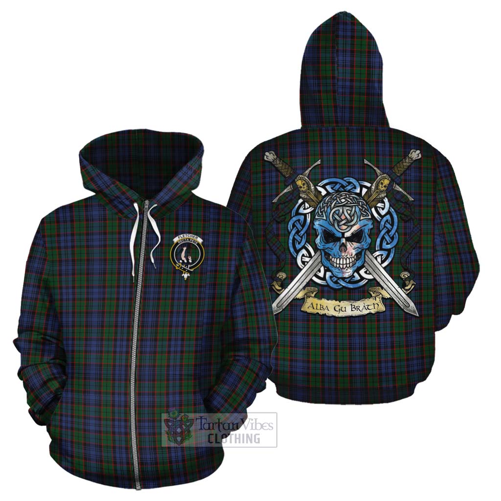 Tartan Vibes Clothing Fletcher Tartan Cotton Hoodie with Family Crest Celtic Skull Style