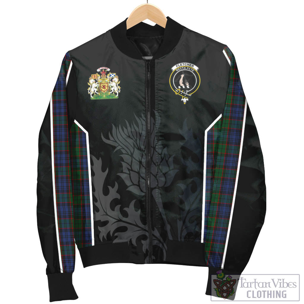 Tartan Vibes Clothing Fletcher Tartan Bomber Jacket with Family Crest and Scottish Thistle Vibes Sport Style