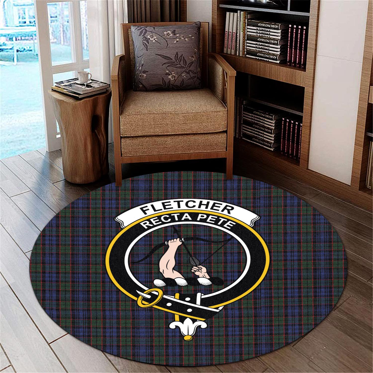 Fletcher Tartan Round Rug with Family Crest - Tartanvibesclothing