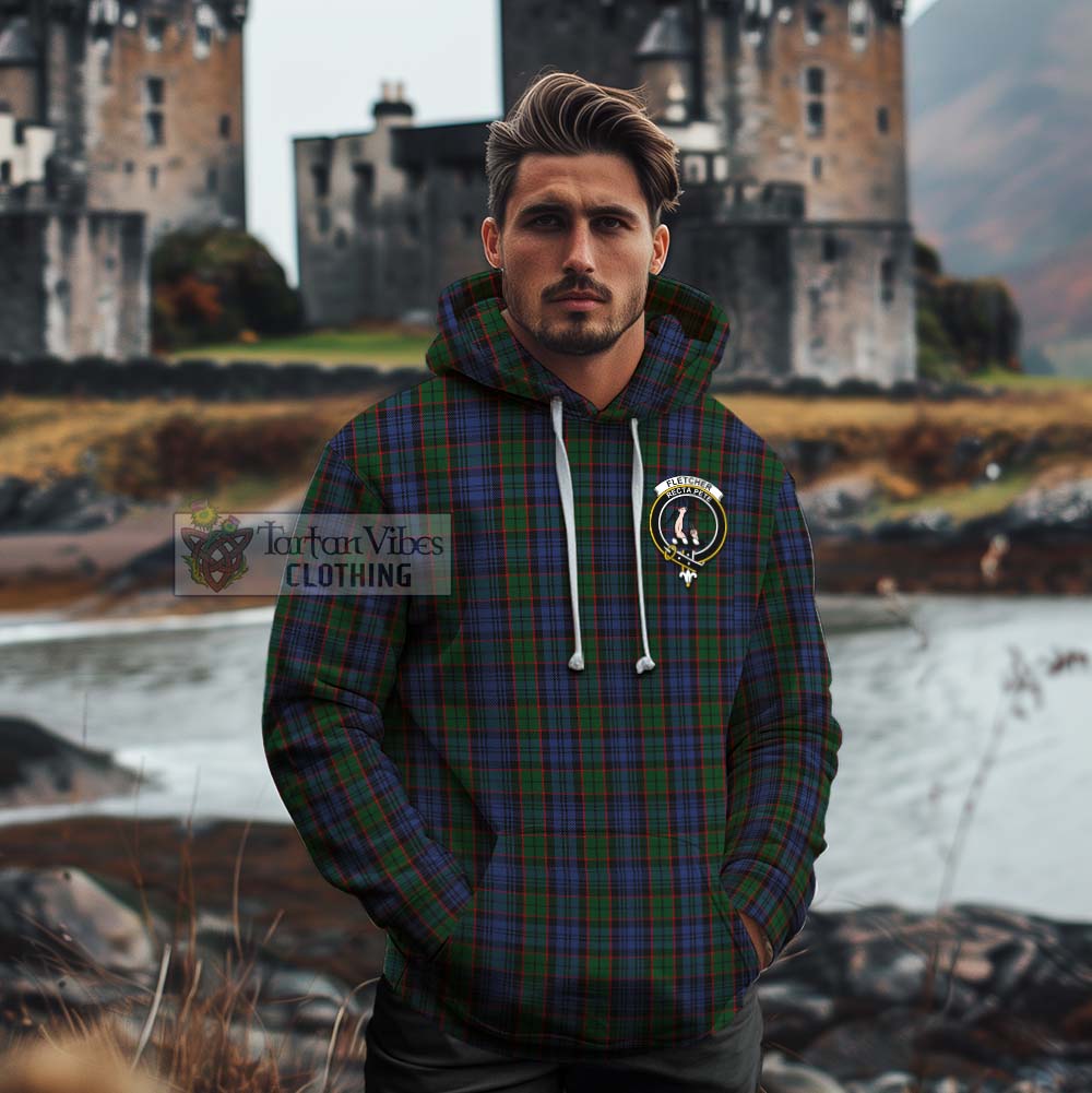 Tartan Vibes Clothing Fletcher Tartan Cotton Hoodie with Family Crest and Bearded Skull Holding Bottles of Whiskey