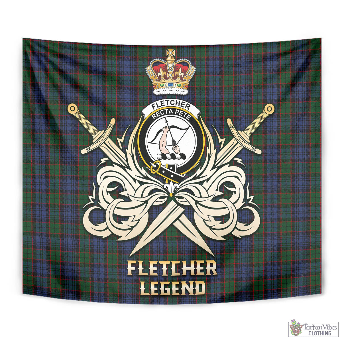 Tartan Vibes Clothing Fletcher Tartan Tapestry with Clan Crest and the Golden Sword of Courageous Legacy