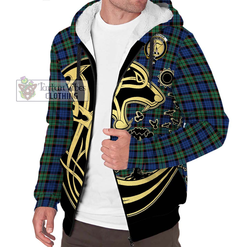 Fletcher Ancient Tartan Sherpa Hoodie with Family Crest Celtic Wolf Style Unisex S - Tartan Vibes Clothing