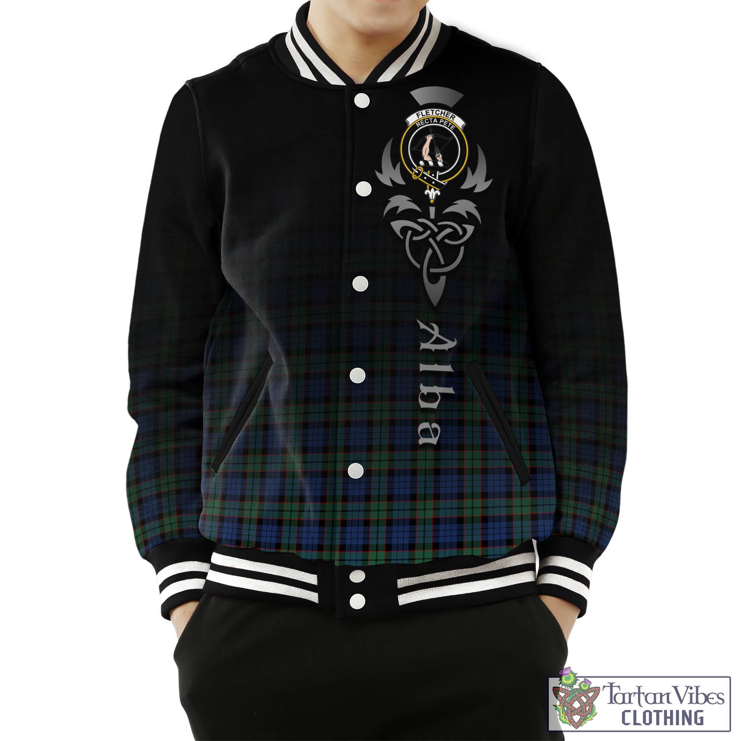 Tartan Vibes Clothing Fletcher Ancient Tartan Baseball Jacket Featuring Alba Gu Brath Family Crest Celtic Inspired