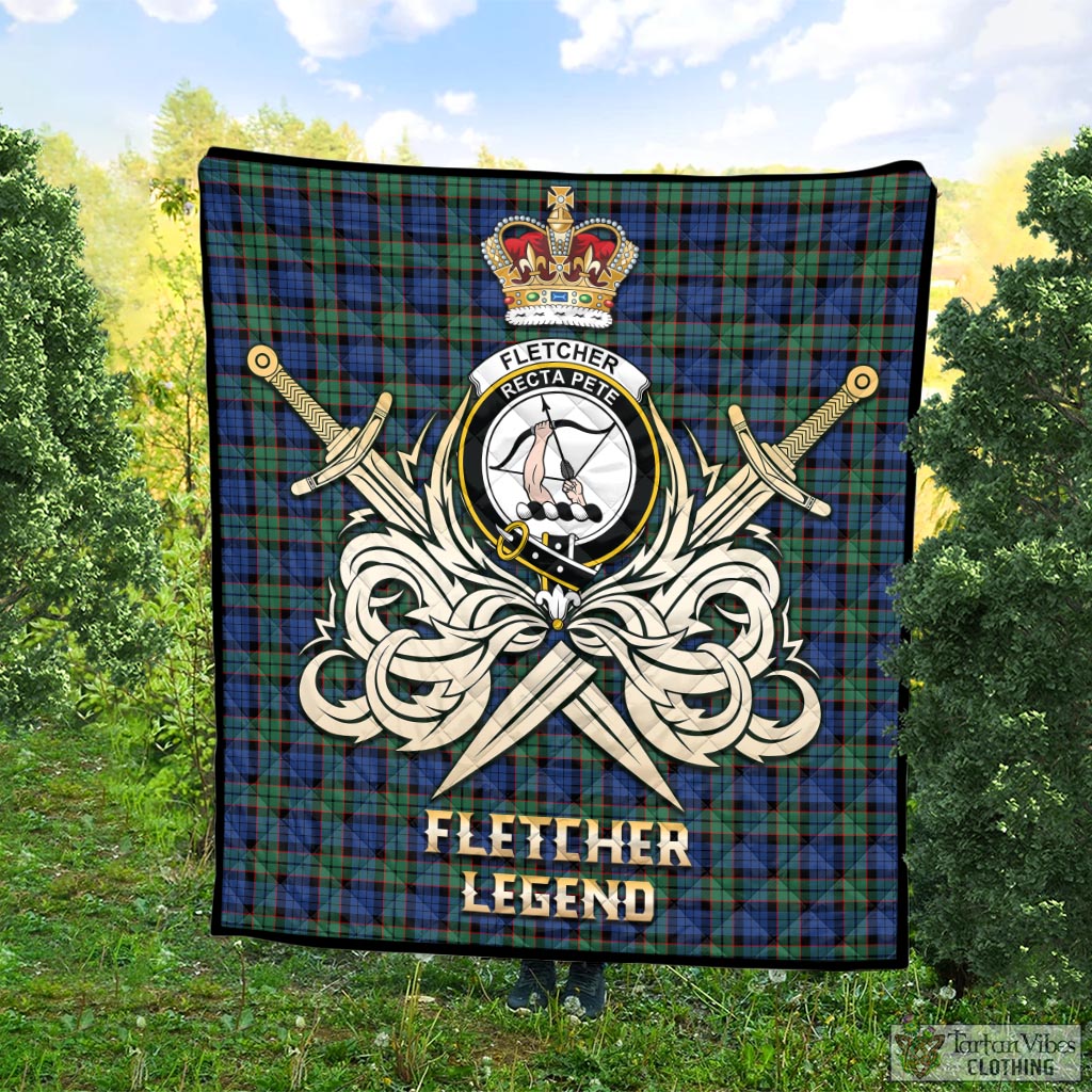 Tartan Vibes Clothing Fletcher Ancient Tartan Quilt with Clan Crest and the Golden Sword of Courageous Legacy