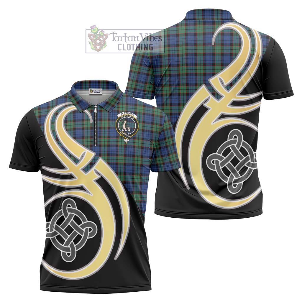 Tartan Vibes Clothing Fletcher Ancient Tartan Zipper Polo Shirt with Family Crest and Celtic Symbol Style