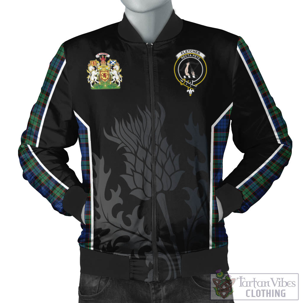 Tartan Vibes Clothing Fletcher Ancient Tartan Bomber Jacket with Family Crest and Scottish Thistle Vibes Sport Style