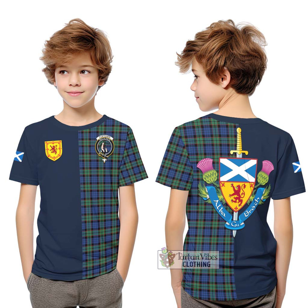 Tartan Vibes Clothing Fletcher Ancient Tartan Kid T-Shirt with Scottish Lion Royal Arm Half Style