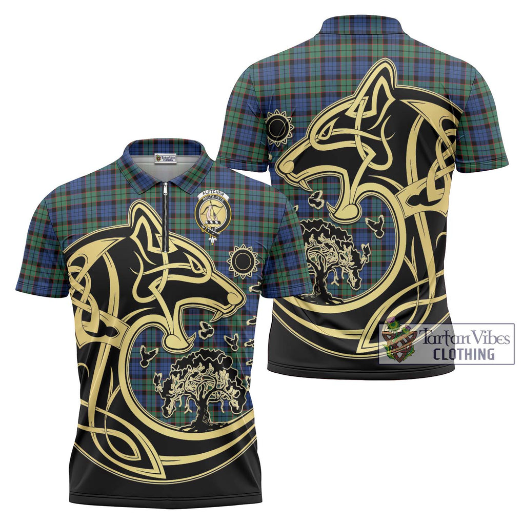 Fletcher Ancient Tartan Zipper Polo Shirt with Family Crest Celtic Wolf Style Unisex - Tartanvibesclothing Shop