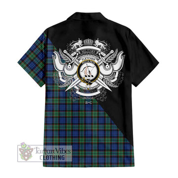 Fletcher Ancient Tartan Short Sleeve Button Shirt with Family Crest and Military Logo Style