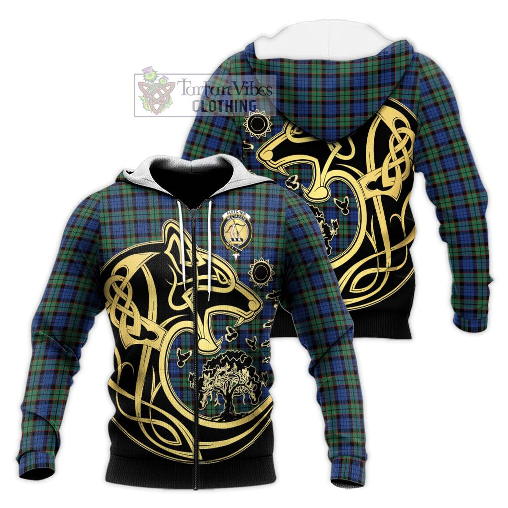 Fletcher Ancient Tartan Knitted Hoodie with Family Crest Celtic Wolf Style Unisex Knitted Zip Hoodie - Tartan Vibes Clothing