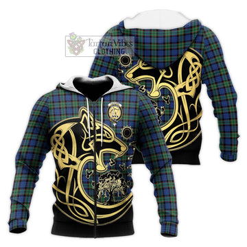 Fletcher Ancient Tartan Knitted Hoodie with Family Crest Celtic Wolf Style