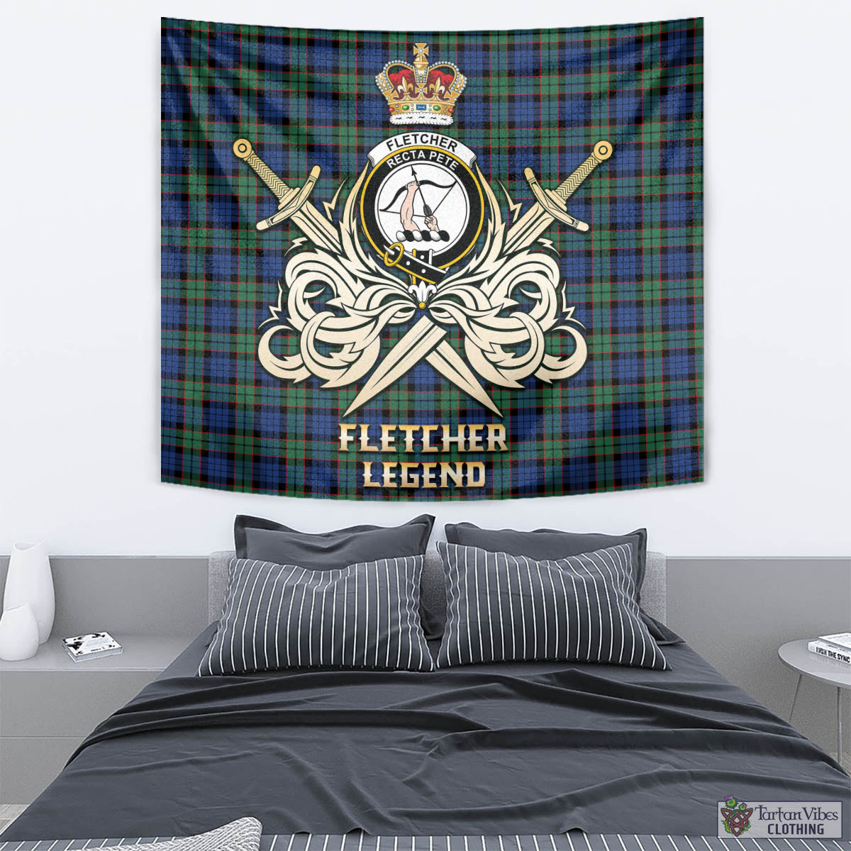 Tartan Vibes Clothing Fletcher Ancient Tartan Tapestry with Clan Crest and the Golden Sword of Courageous Legacy